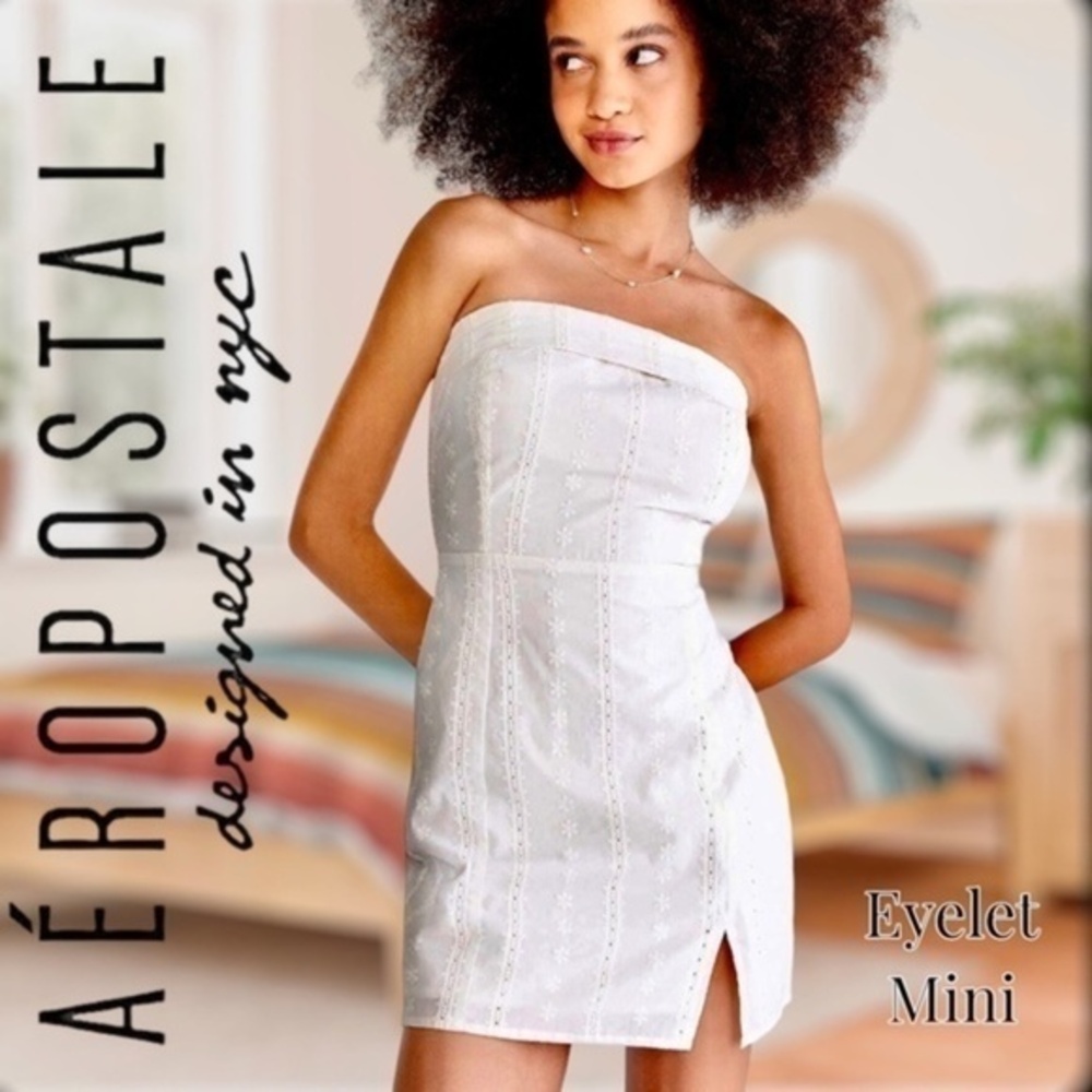 AÉROPOSTALE Solid Eyelet Bandeau Mini Dress in Creamy White